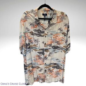 George Men’s Cream and Brown Tropical Casual Button Down Shirt 2XL